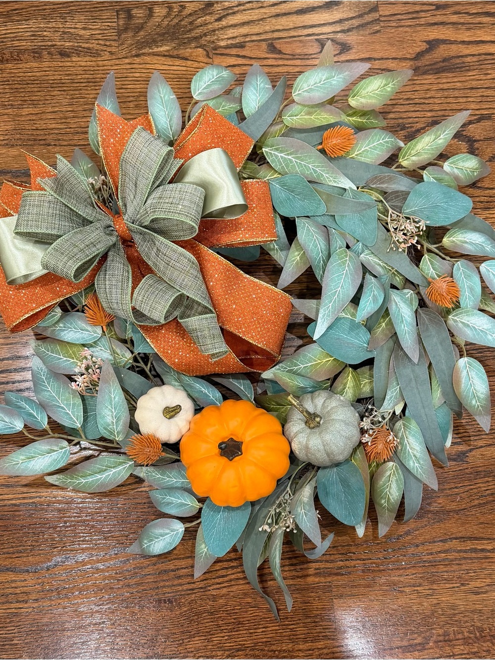 Autumn Harvest Pumpkin & Eucalyptus Wreath - Orange and Sage